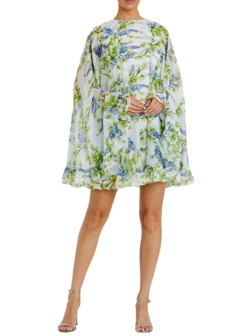 Mac Duggal White Mini Dress with Green and Blue Wisteria Floral Print EUC Size 6